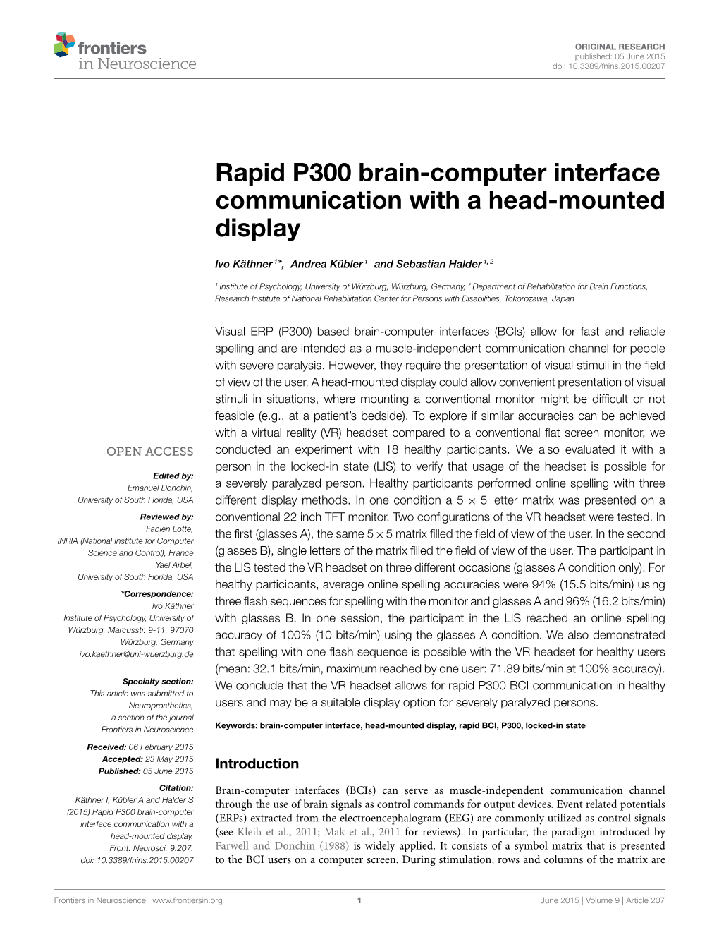 Rapid P300 Brain-Computer Interface Communication with a Head-Mounted Display