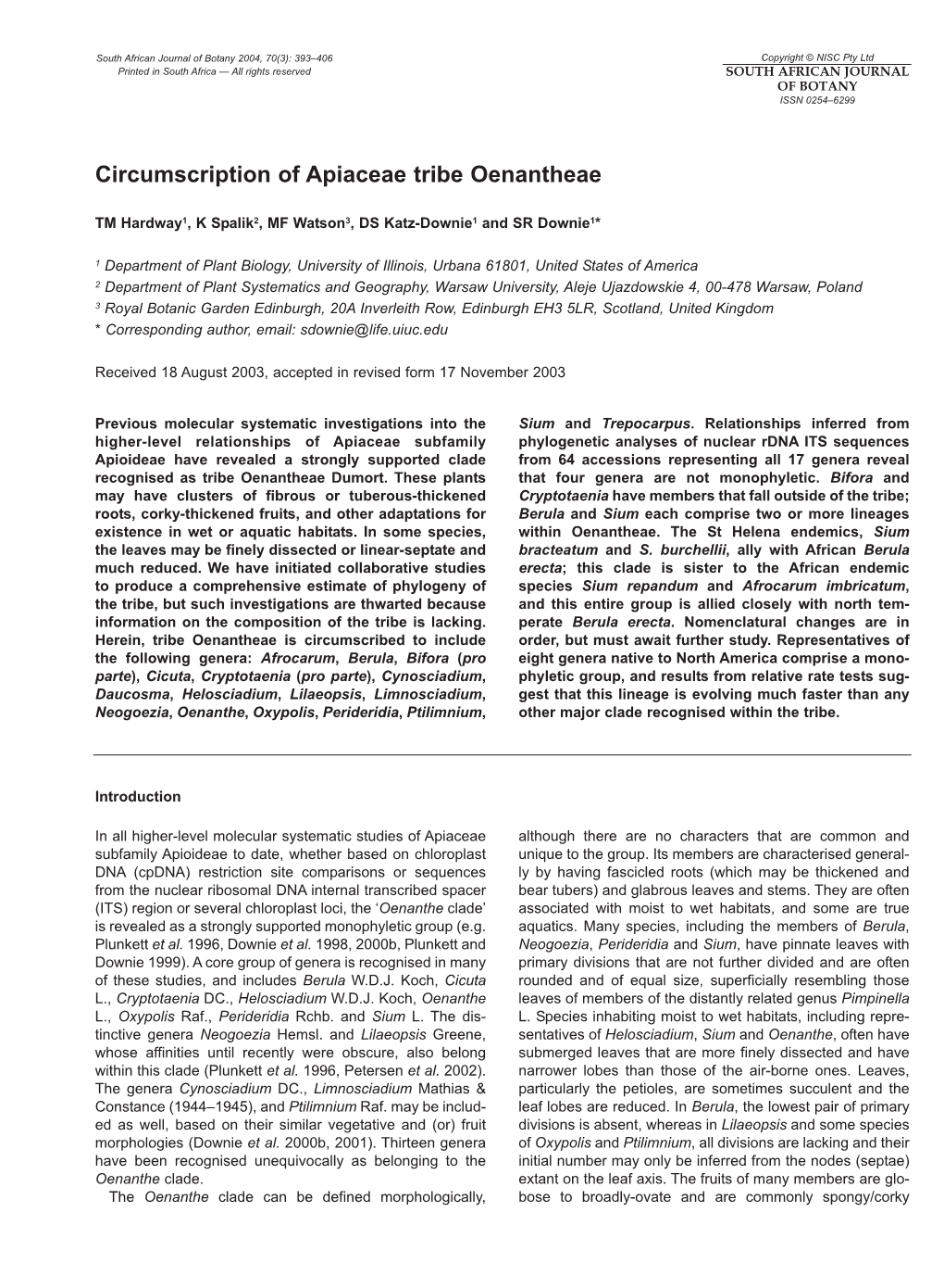 Circumscription of Apiaceae Tribe Oenantheae