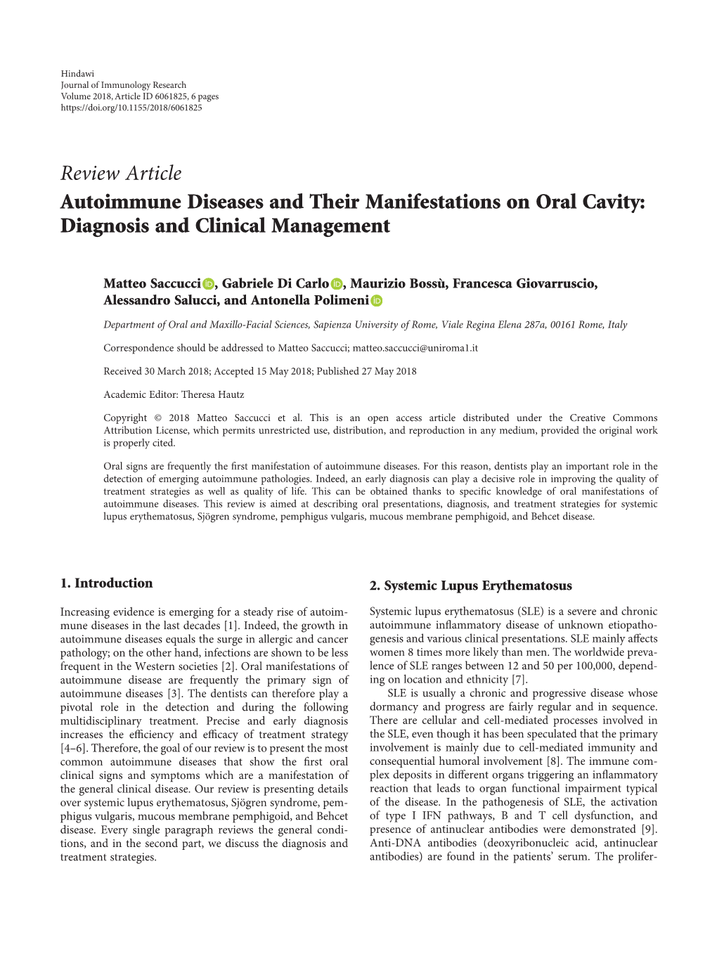 Review Article Autoimmune Diseases and Their Manifestations on Oral Cavity: Diagnosis and Clinical Management