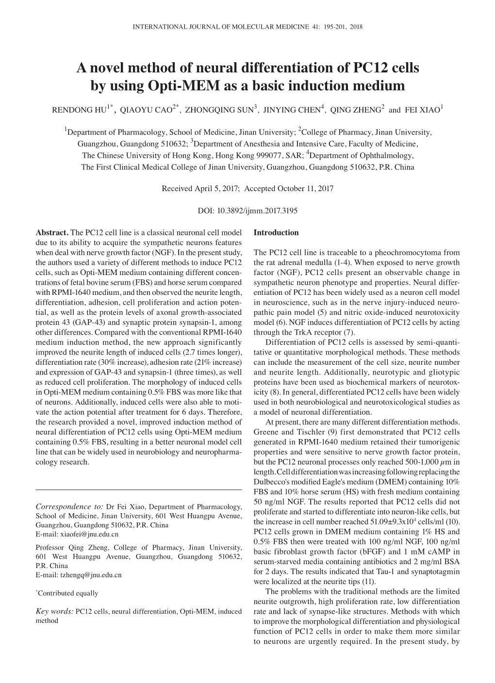 A Novel Method of Neural Differentiation of PC12 Cells by Using Opti-MEM As a Basic Induction Medium