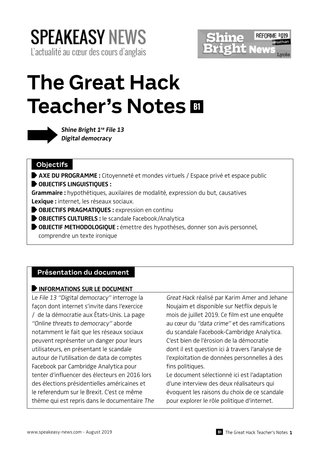 The Great Hack Teacher's Notes B1