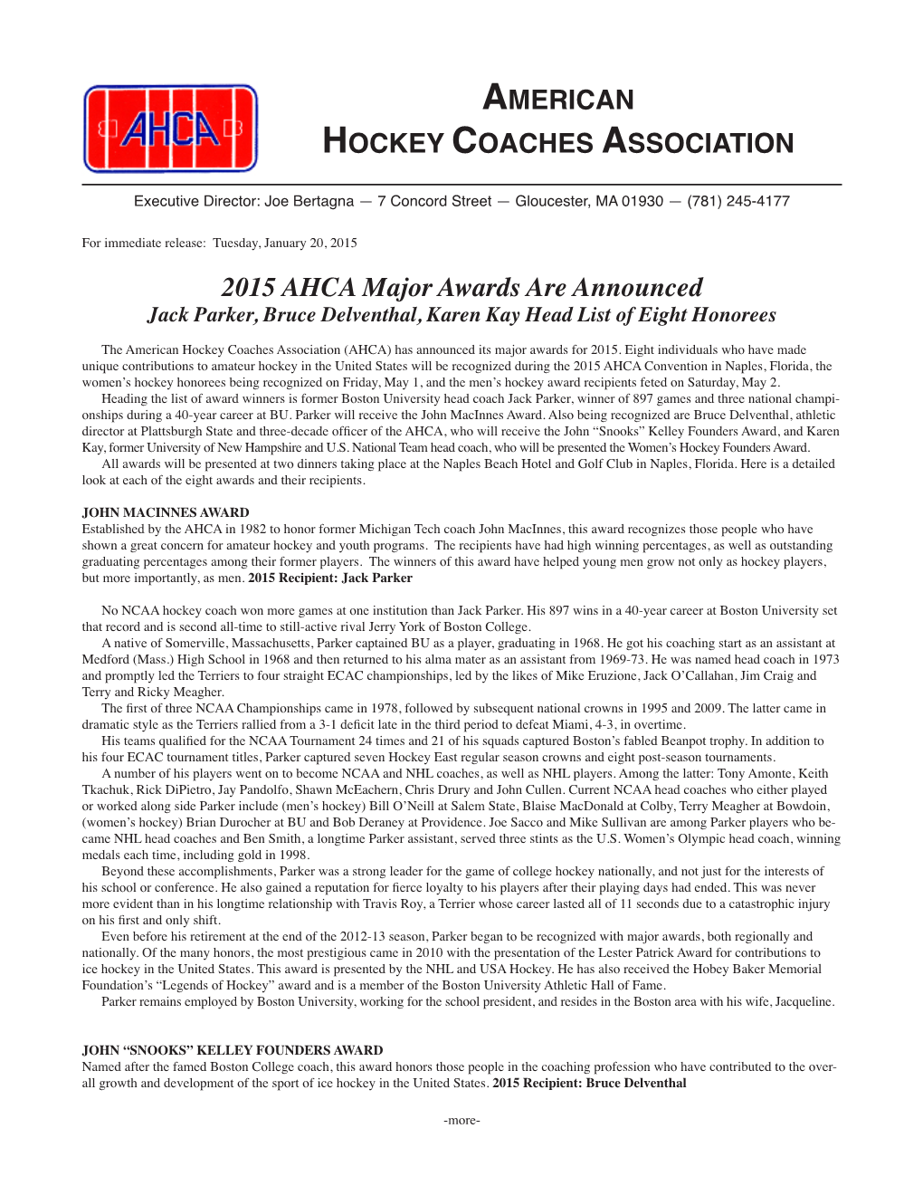 2015 AHCA Major Awards Are Announced AMERICAN HOCKEY