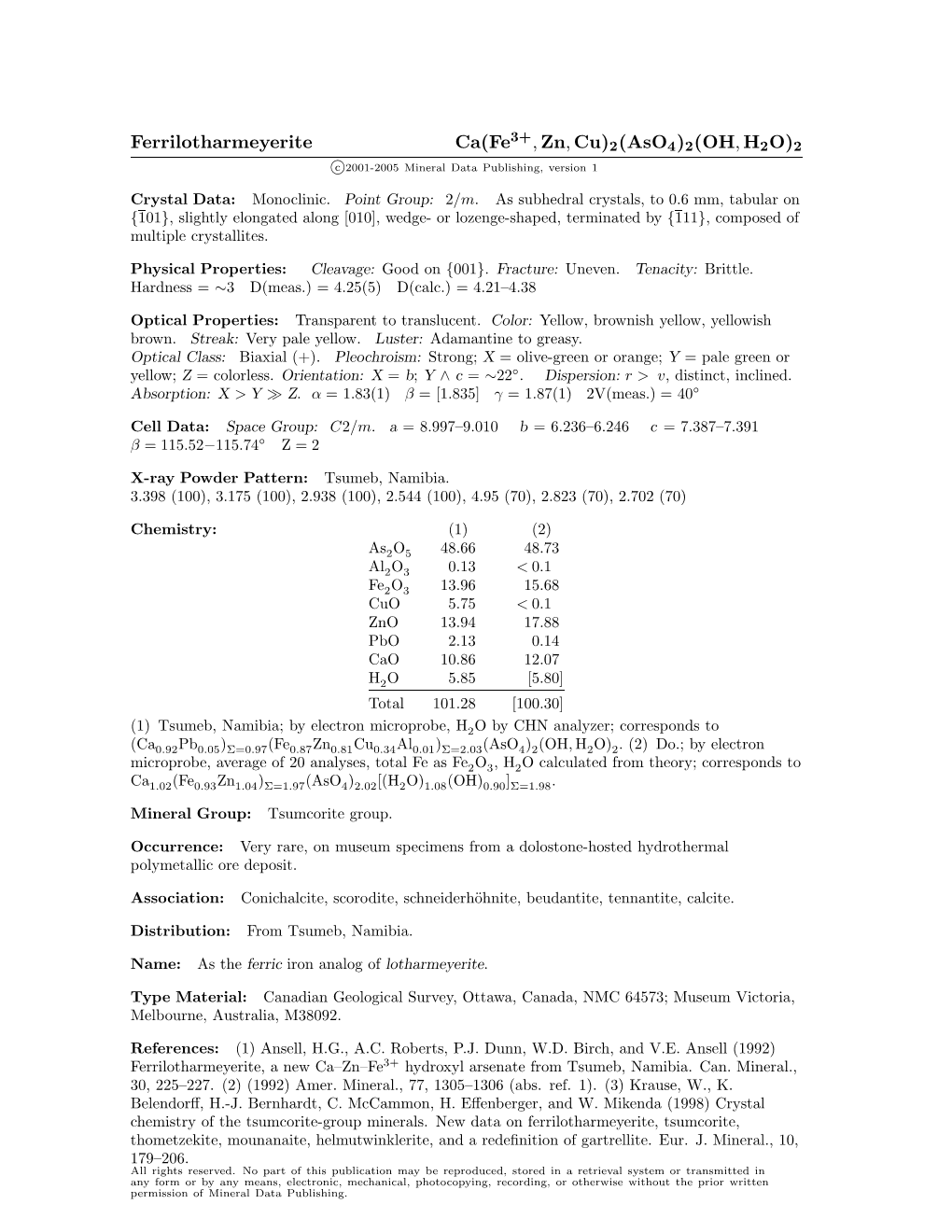 Ferrilotharmeyerite Ca(Fe3+,Zn,Cu)