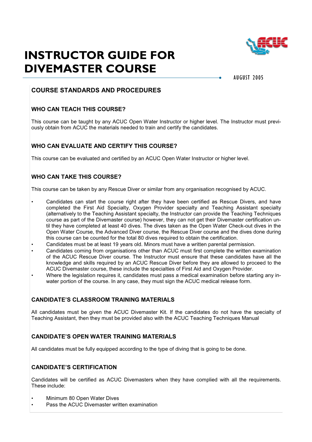 Instructor Guide for Divemaster Course A4