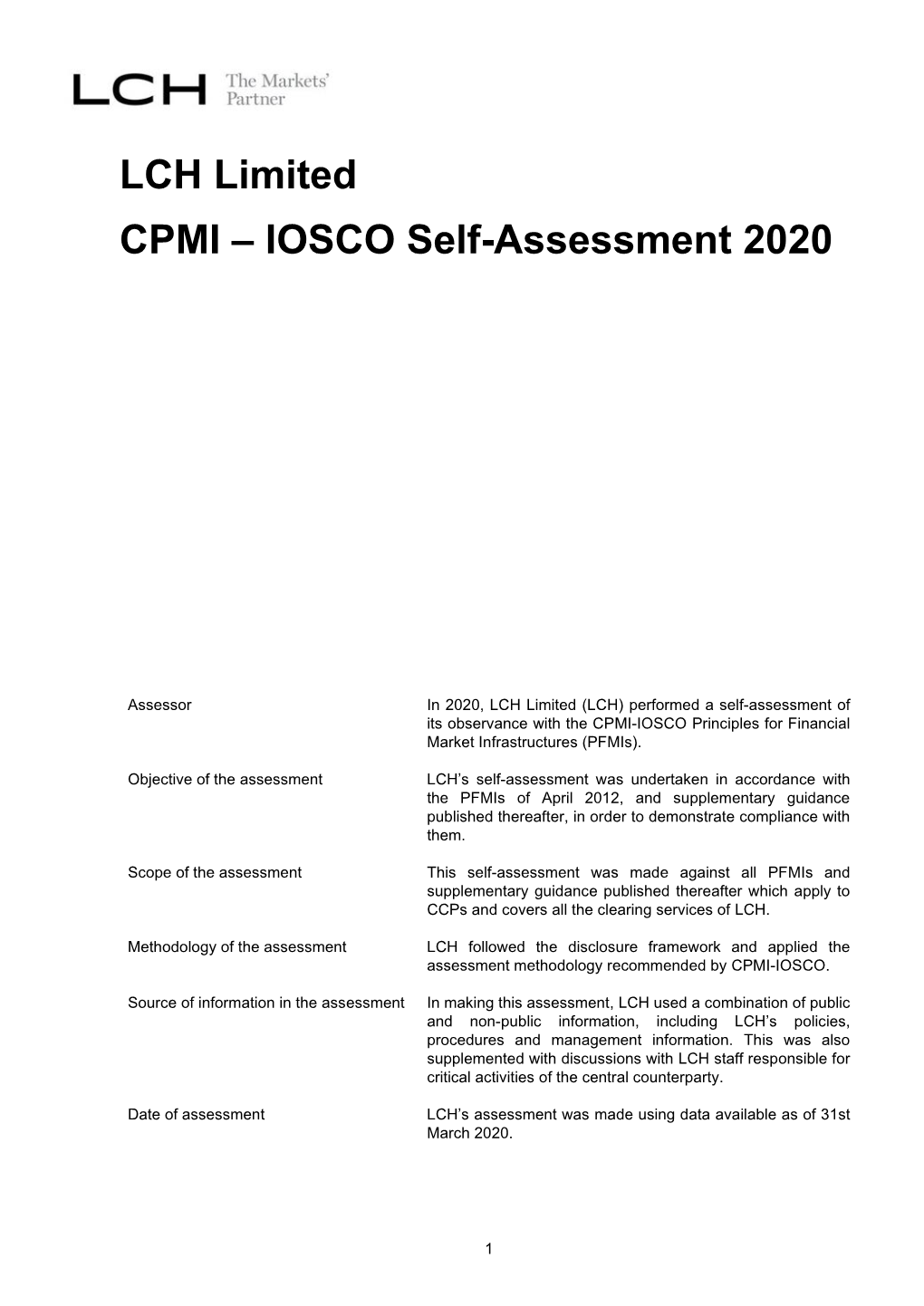 LCH Limited CPMI – IOSCO Self-Assessment 2020