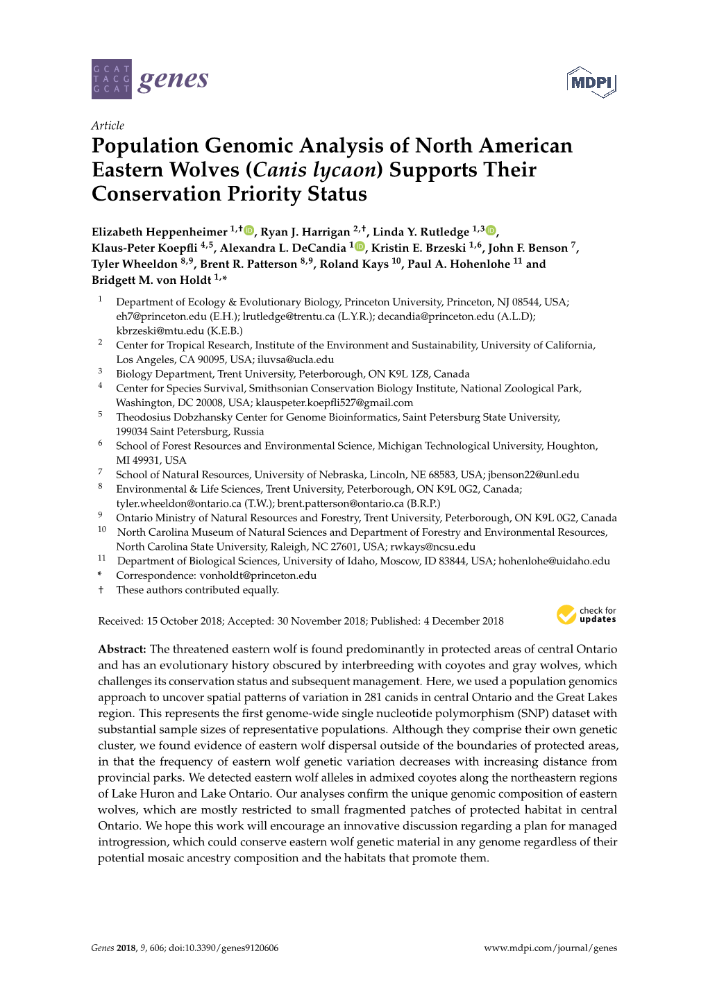 Population Genomic Analysis of North American Eastern Wolves (Canis Lycaon) Supports Their Conservation Priority Status