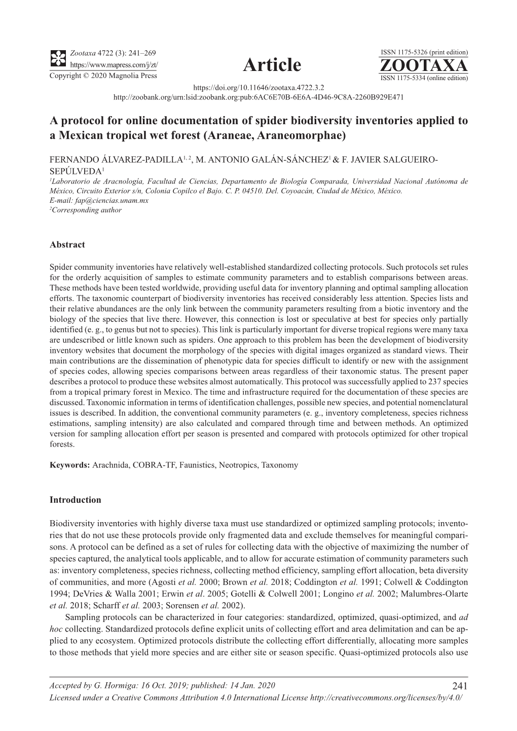 A Protocol for Online Documentation of Spider Biodiversity Inventories Applied to a Mexican Tropical Wet Forest (Araneae, Araneomorphae)