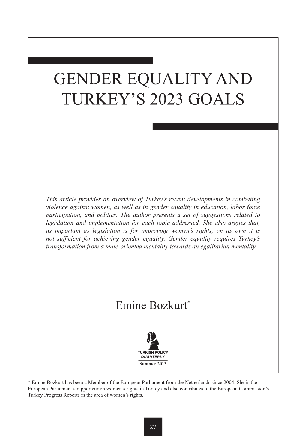 Gender Equality and Turkey's 2023 Goals