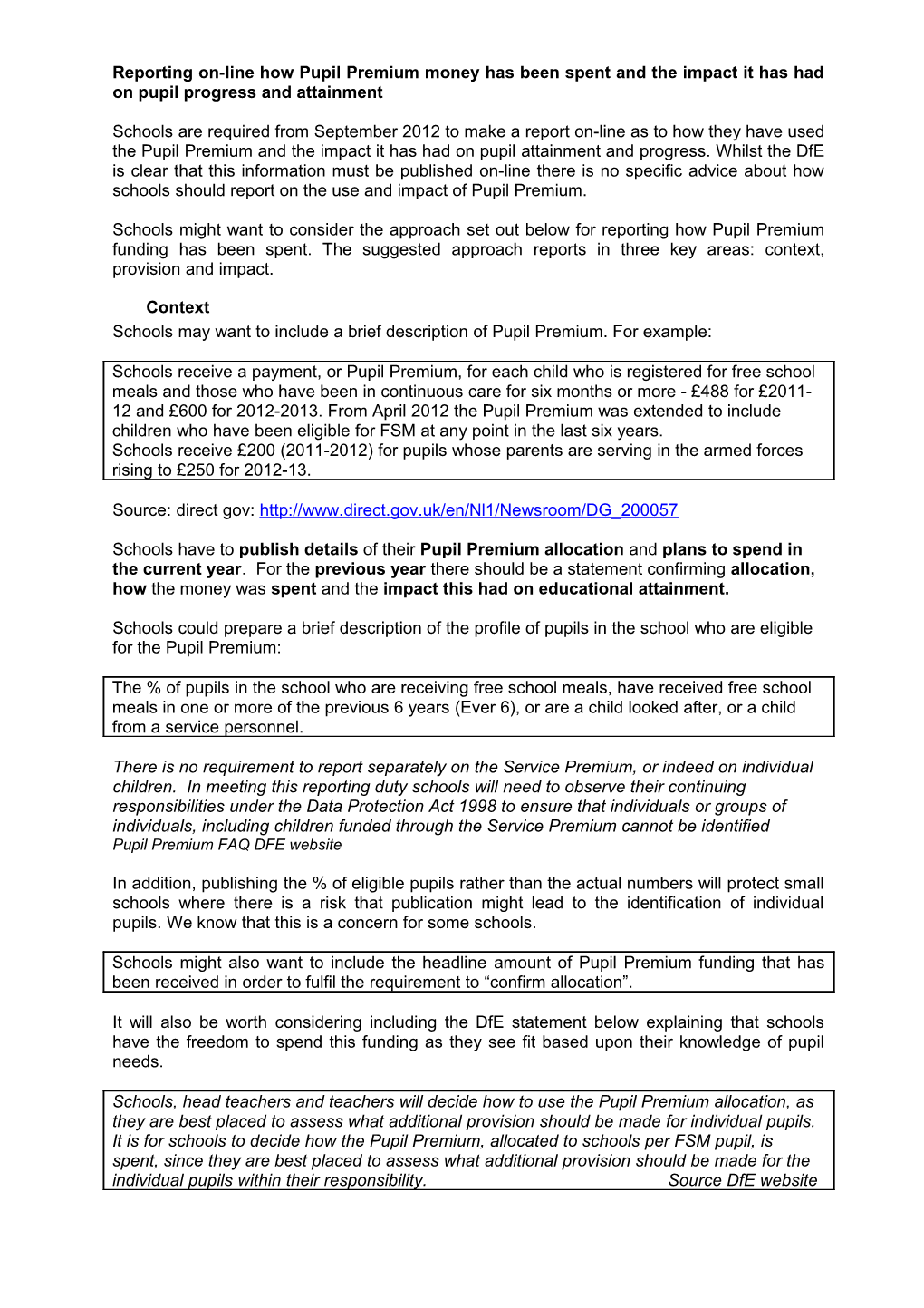 Advice on Reporting On-Line How Pupil Premium Money Has Been Spent