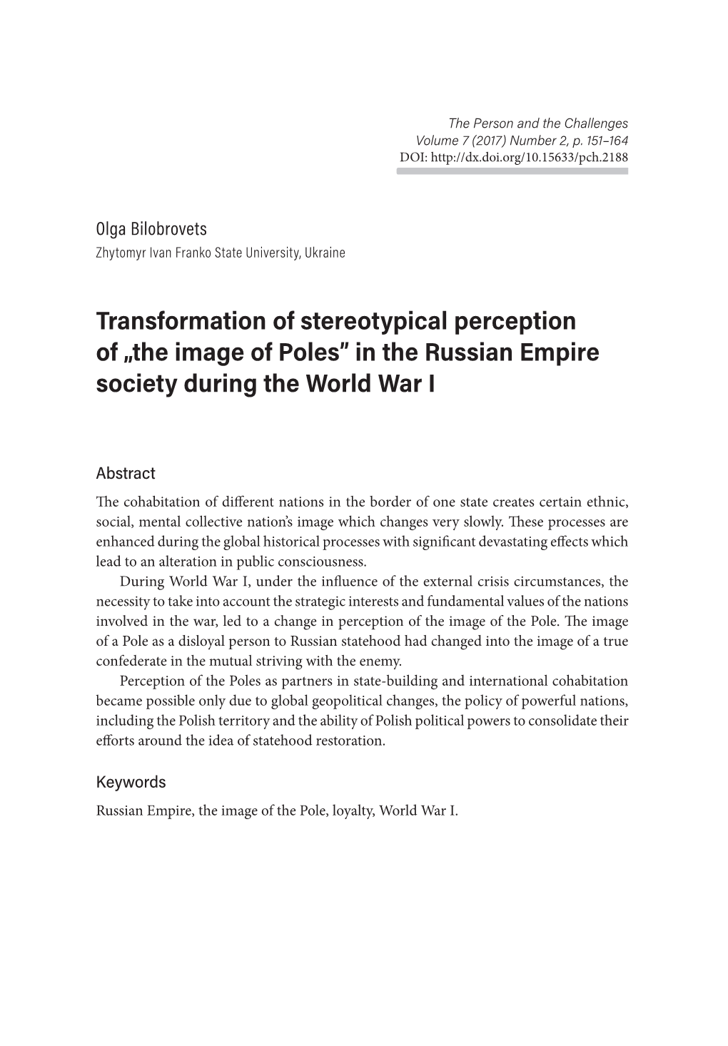 Transformation of Stereotypical Perception of „The Image of Poles” in the Russian Empire Society During the World War I