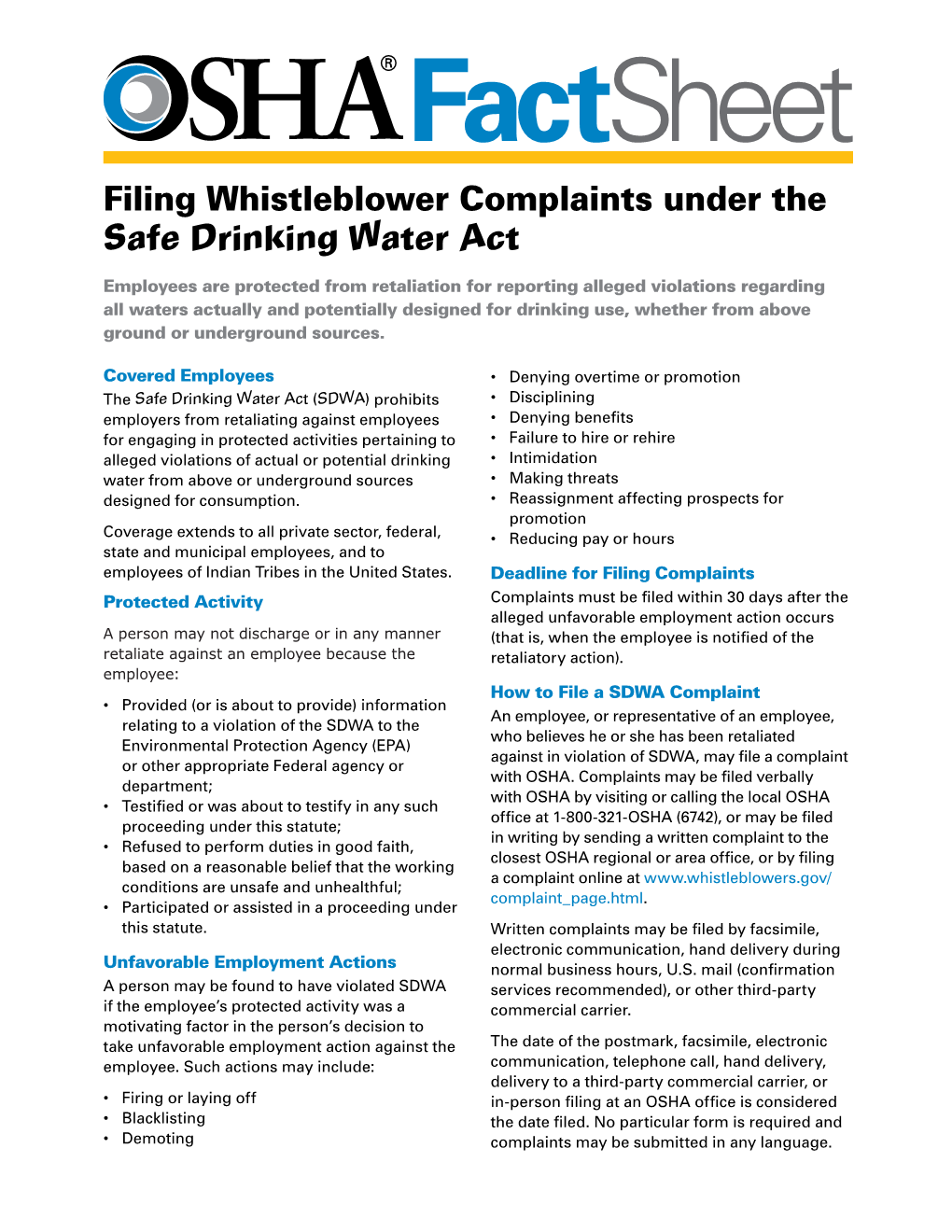 Filing Whistleblower Complaints Under the Safe Drinking Water Act