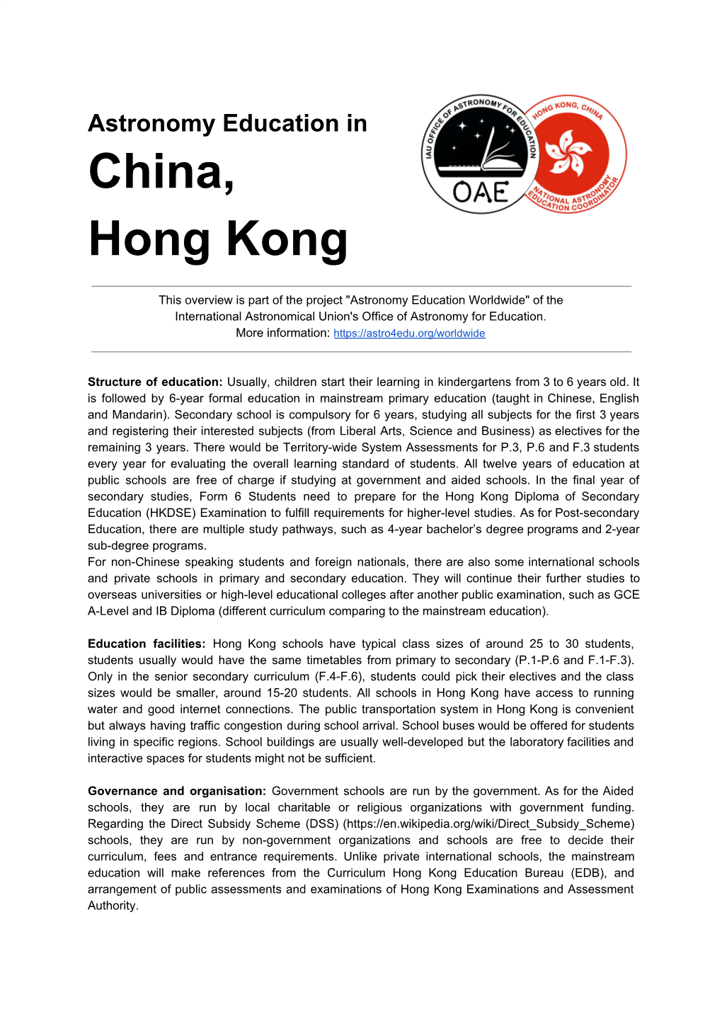 Astronomy Education in China, Hong Kong Or on This Document Please Contact the Office of Astronomy for Education (Oae@Astro4edu.Org)
