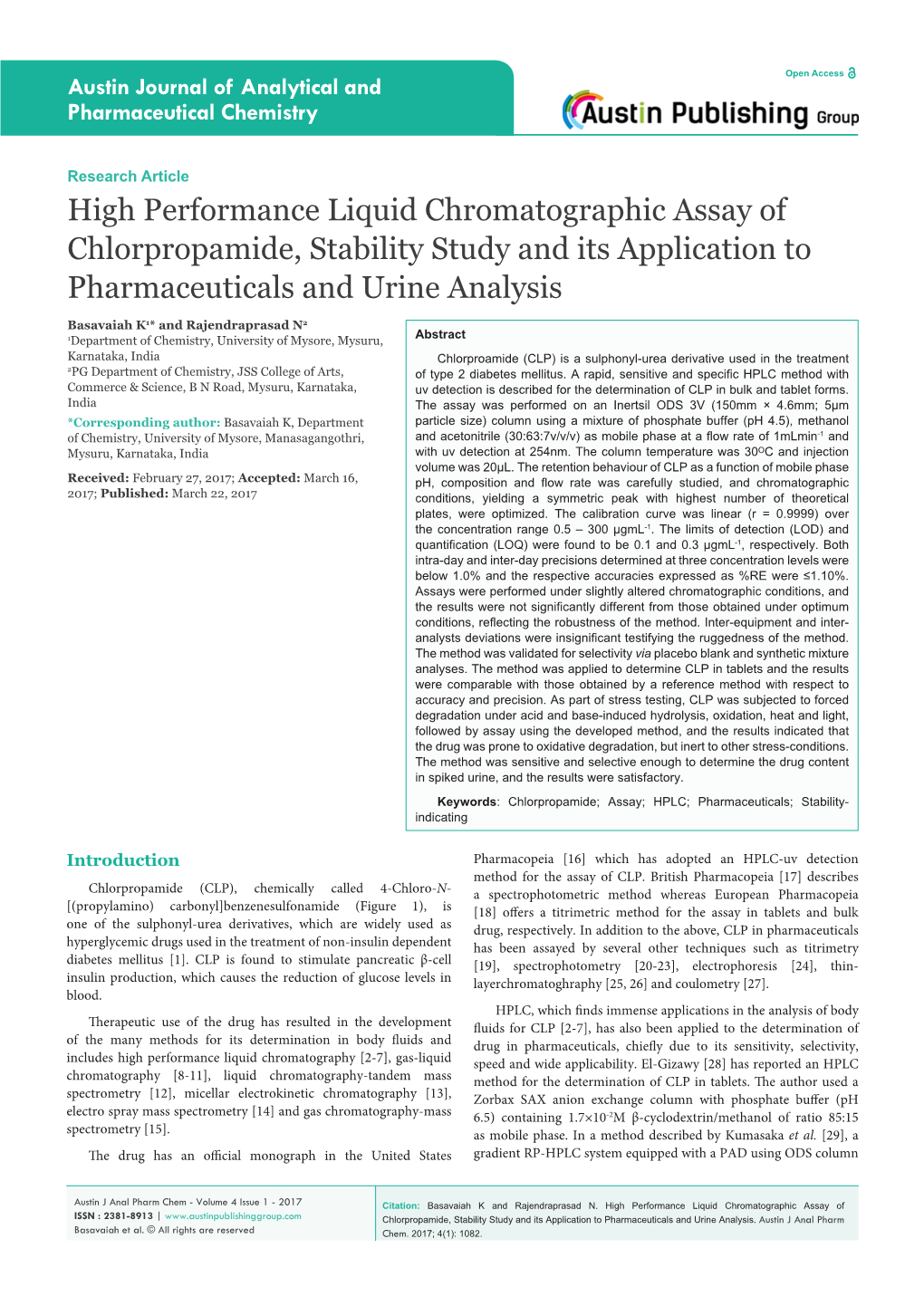 High Performance Liquid Chromatographic Assay of Chlorpropamide, Stability Study and Its Application to Pharmaceuticals and Urine Analysis