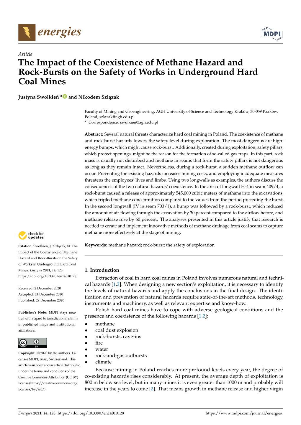 The Impact of the Coexistence of Methane Hazard and Rock-Bursts on the Safety of Works in Underground Hard Coal Mines