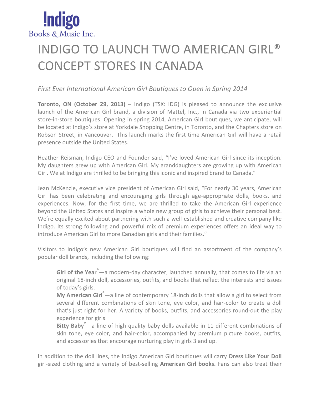 Indigo to Launch Two American Girl® Concept Stores in Canada