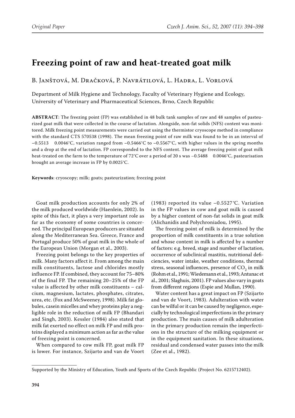 Freezing Point of Raw and Heat-Treated Goat Milk