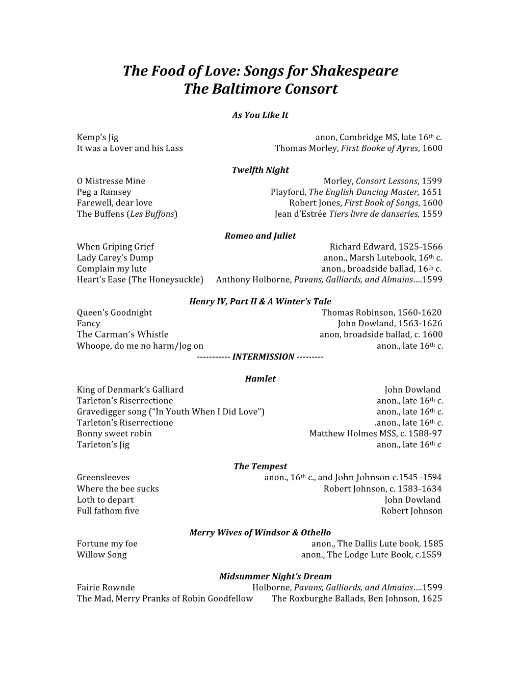 Songs for Shakespeare the Baltimore Consort