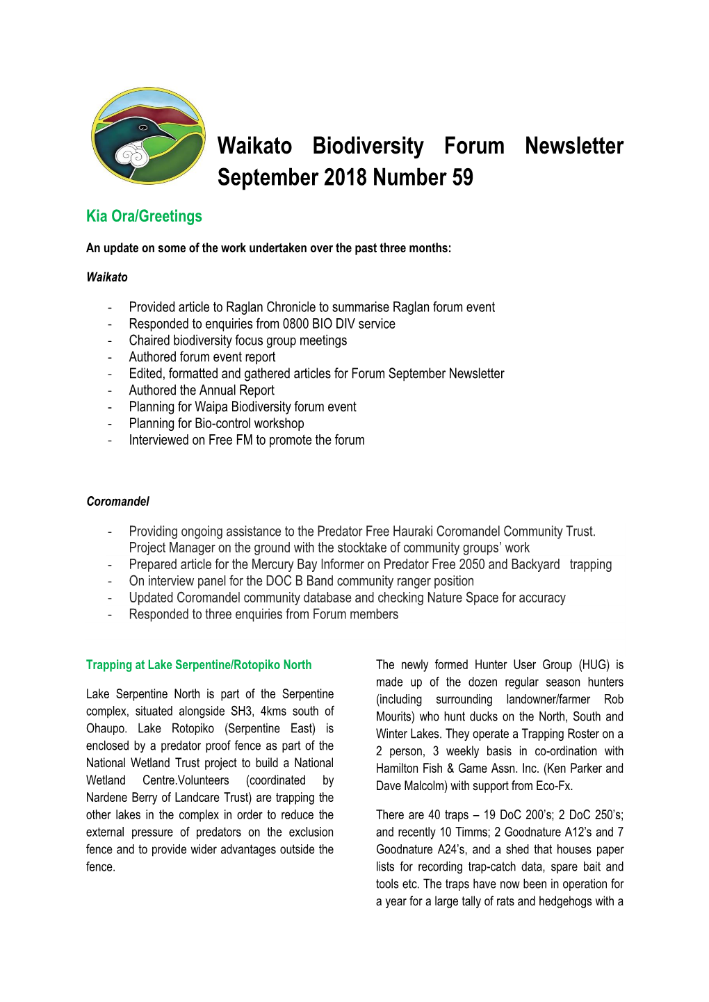 Waikato Biodiversity Forum Newsletter September 2018 Number 59