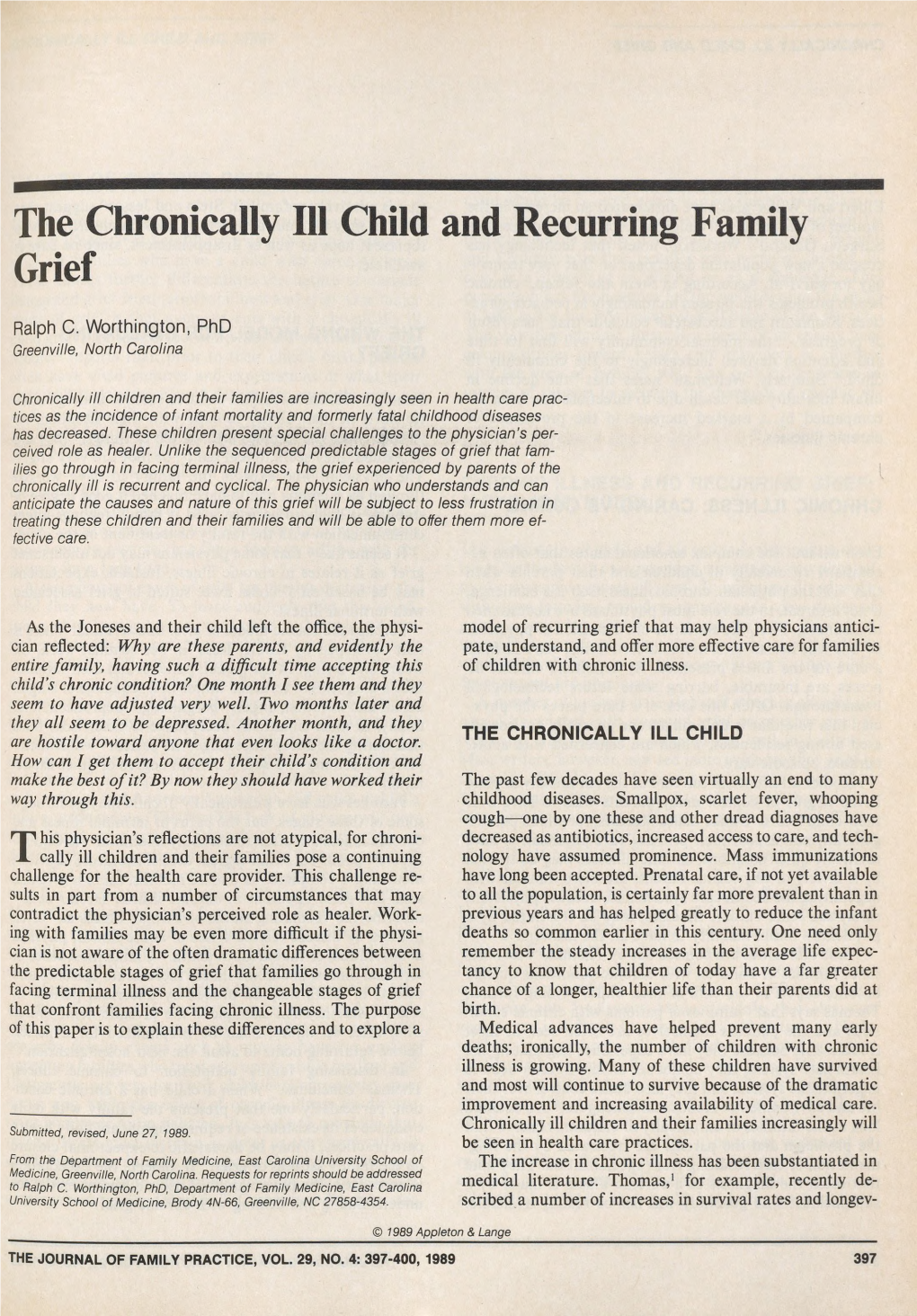 The Chronically 111 Child and Recurring Family Grief