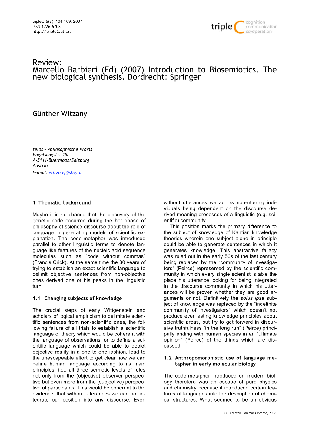 Review: Marcello Barbieri (Ed) (2007) Introduction to Biosemiotics. the New Biological Synthesis