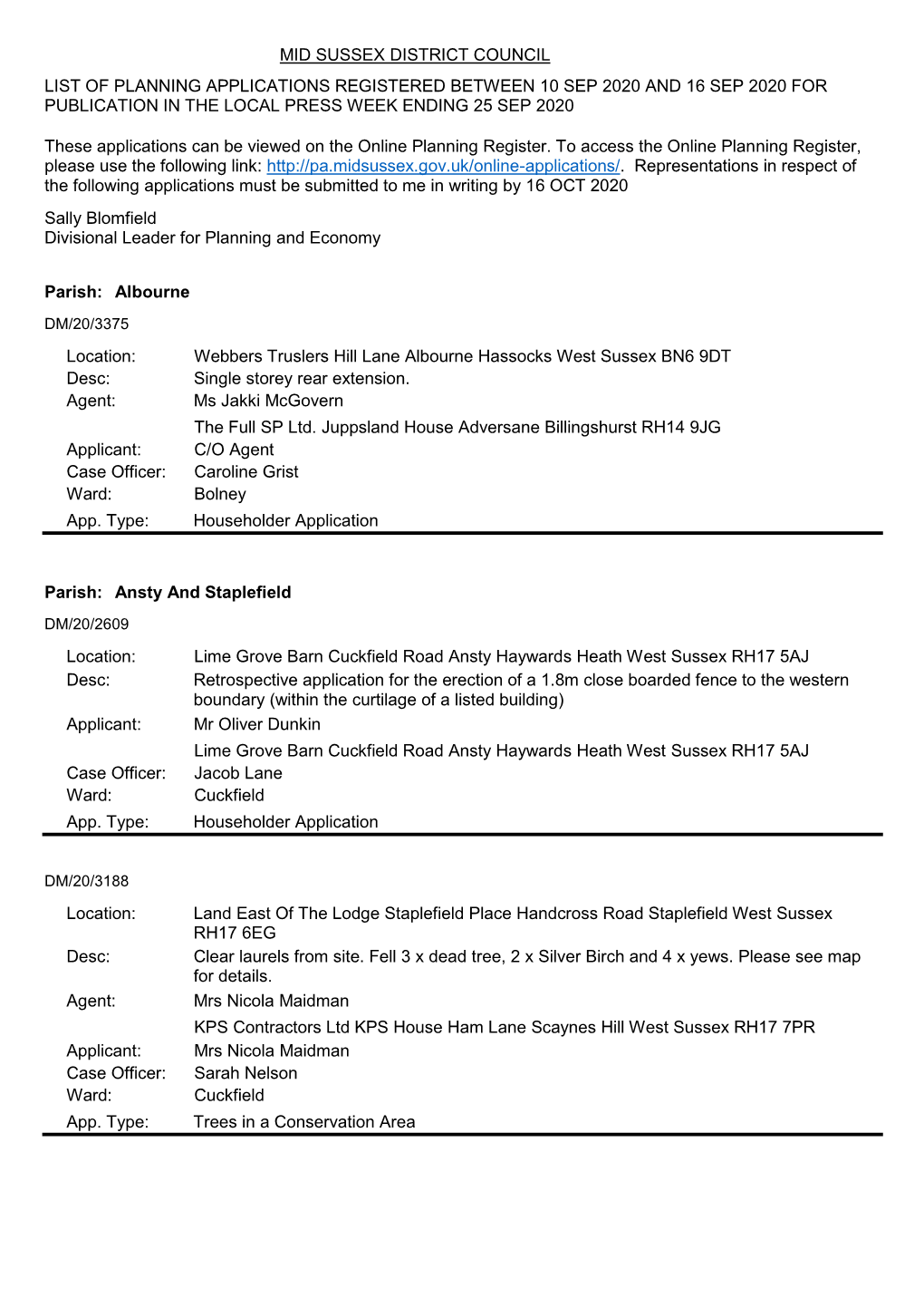 Mid Sussex District Council List of Planning Applications Registered Between 10 Sep 2020 and 16 Sep 2020 for Publication in the Local Press Week Ending 25 Sep 2020
