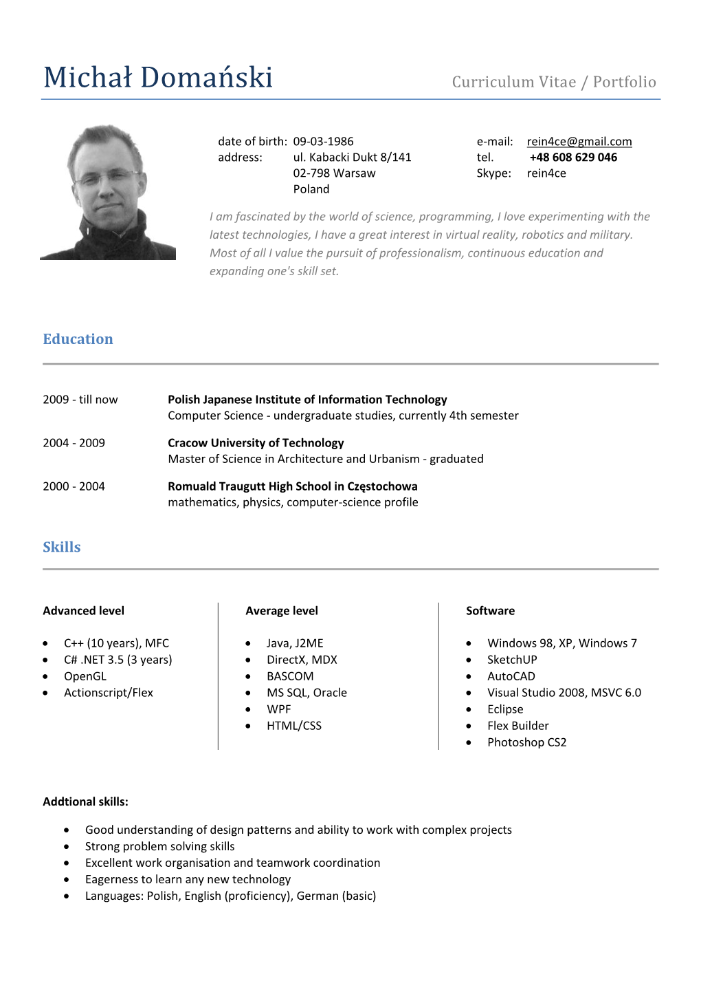 Michał Domański Curriculum Vitae / Portfolio