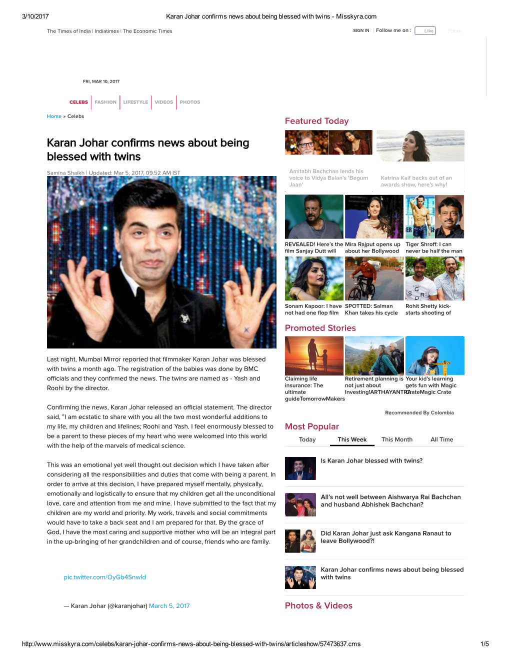 Karan Johar Confirms News About Being Blessed with Twins ­ Misskyra.Com