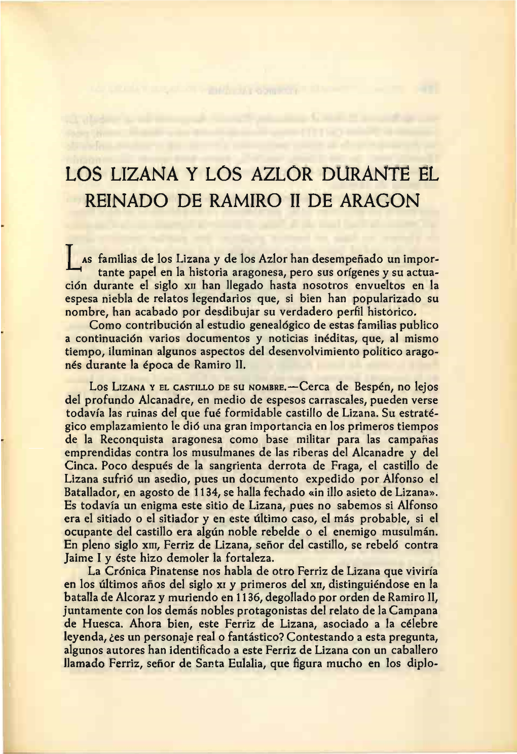 LOS LIZANA Y LOS AZLOR Durante EL REINADO DE RAMIRO 11 DE ARAGON