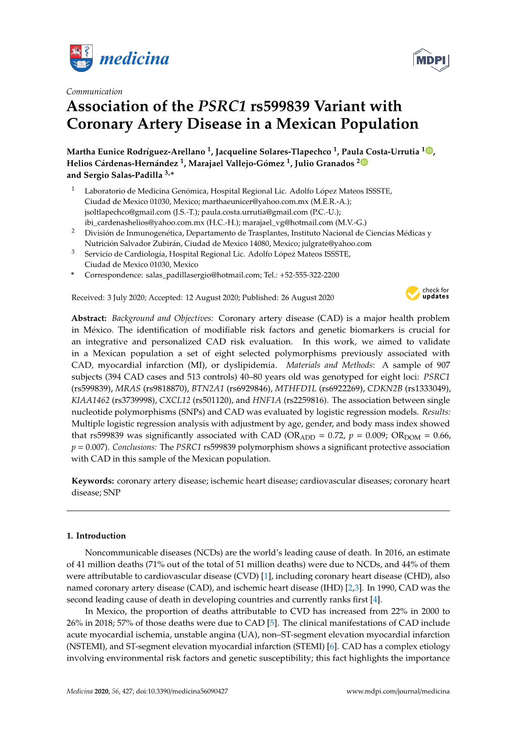 Association of the PSRC1 Rs599839 Variant with Coronary Artery Disease in a Mexican Population