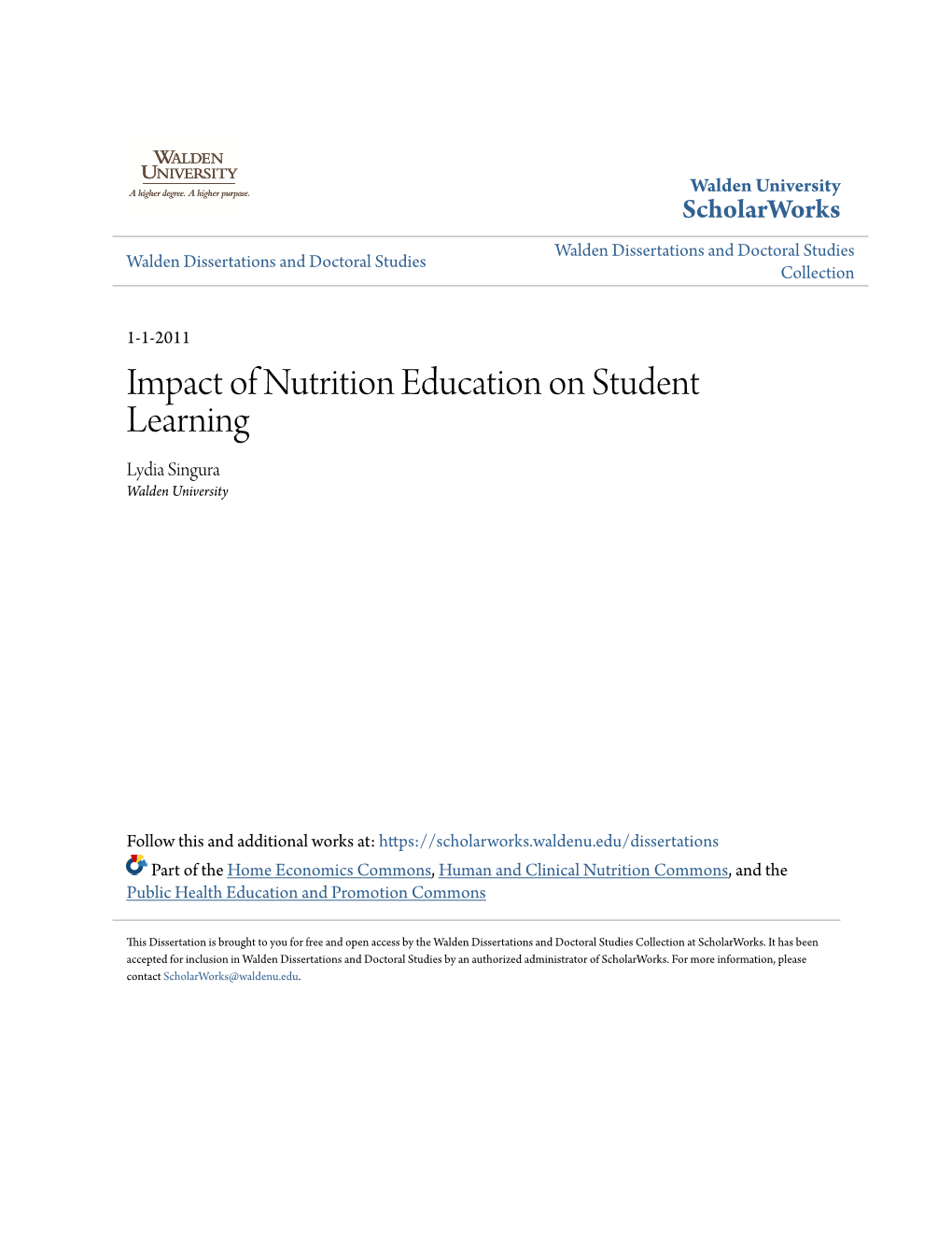 Impact of Nutrition Education on Student Learning Lydia Singura Walden University