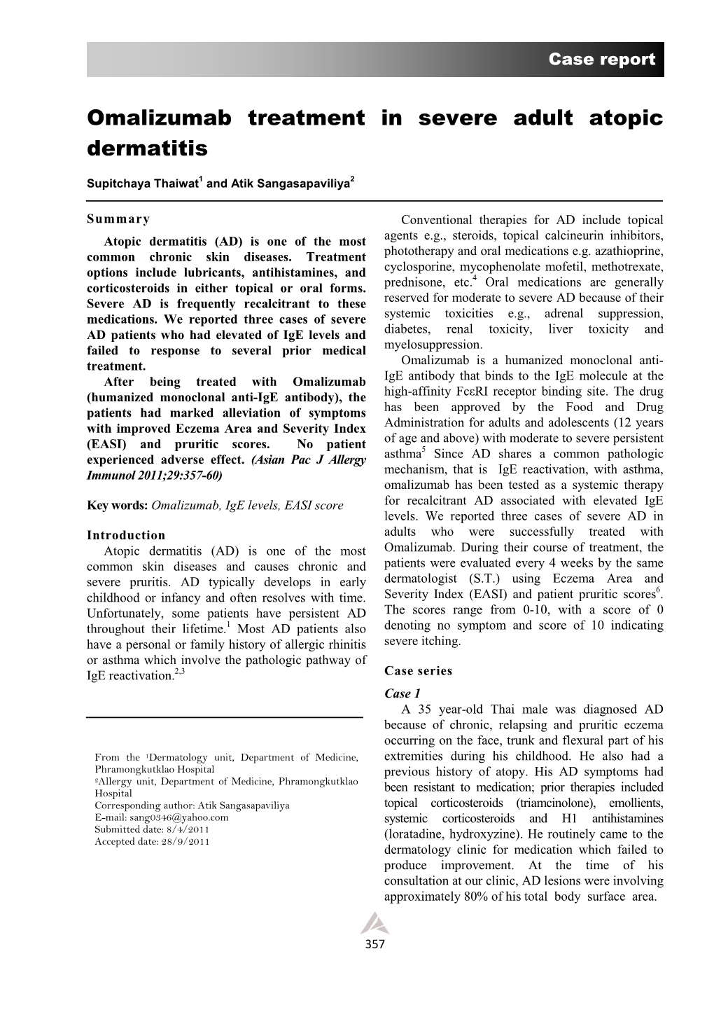 Omalizumab Treatment in Severe Adult Atopic Dermatitis