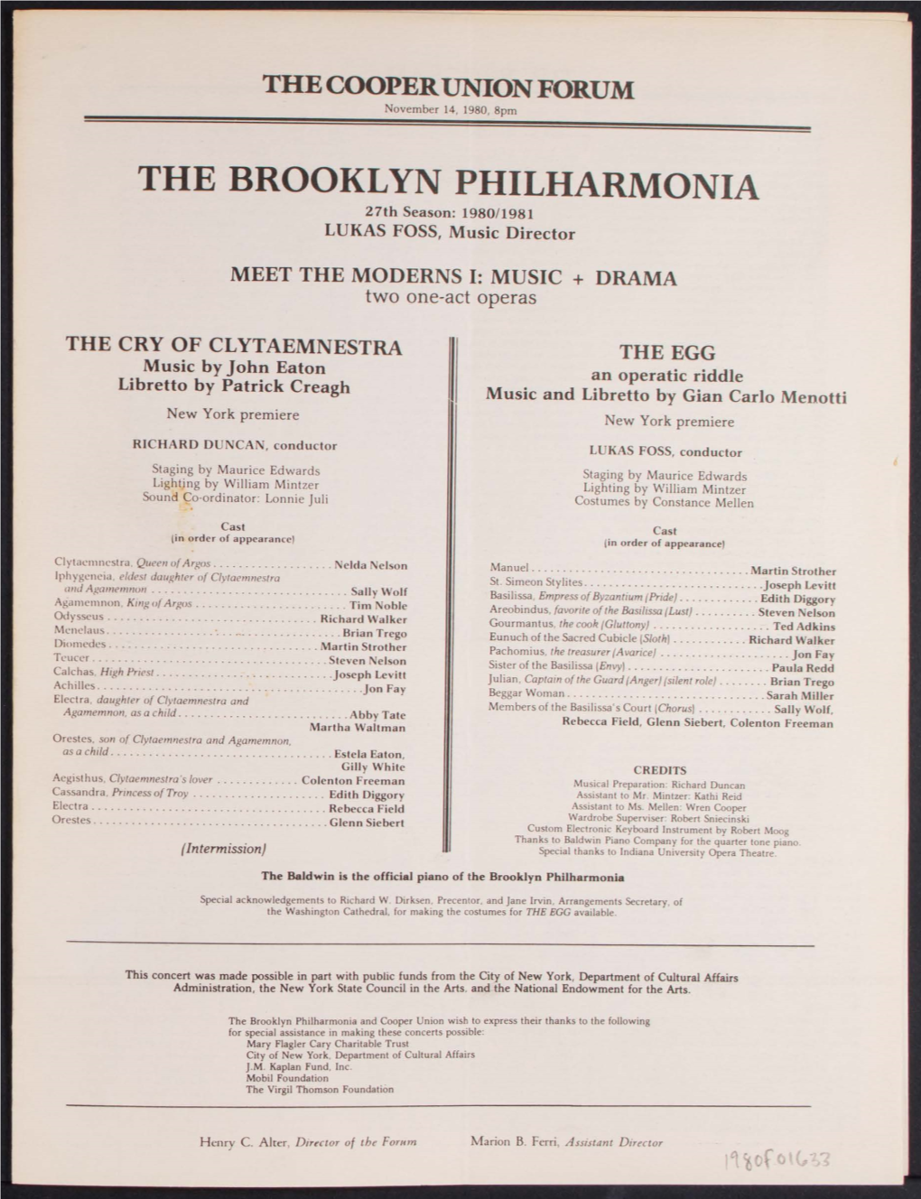 THE BROOKLYN PHILHARMONIA 27Th Season: 1980/1981 LUKAS FOSS, Music Director