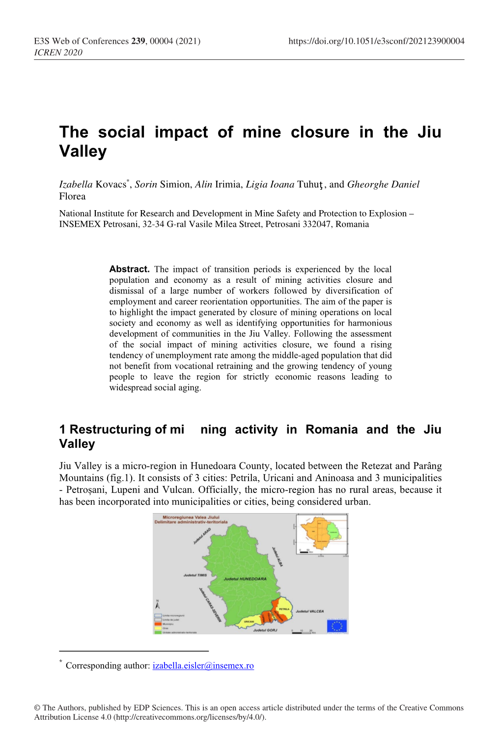 The Social Impact of Mine Closure in the Jiu Valley