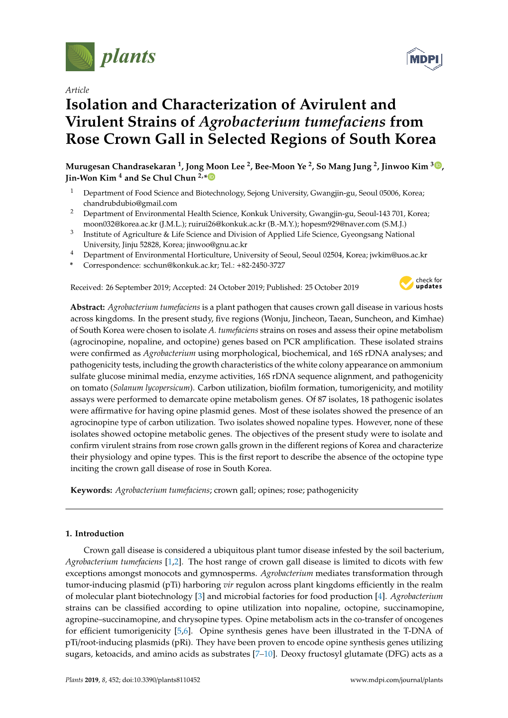 Isolation and Characterization of Avirulent and Virulent Strains of Agrobacterium Tumefaciens from Rose Crown Gall in Selected Regions of South Korea
