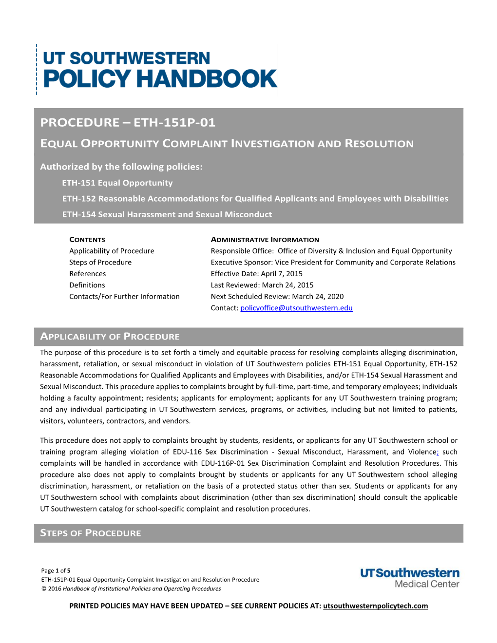 ETH-151P-01 Equal Opportunity Complaint, Investigation, and Resolution Procedure: Policy Handbook