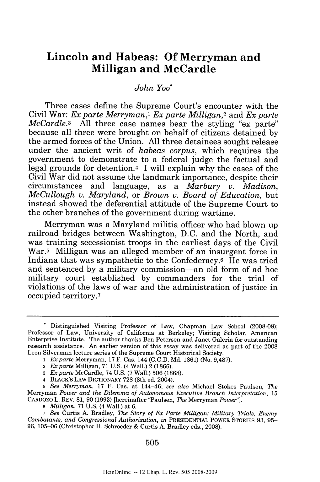 Lincoln and Habeas: of Merryman and Milligan and Mccardle