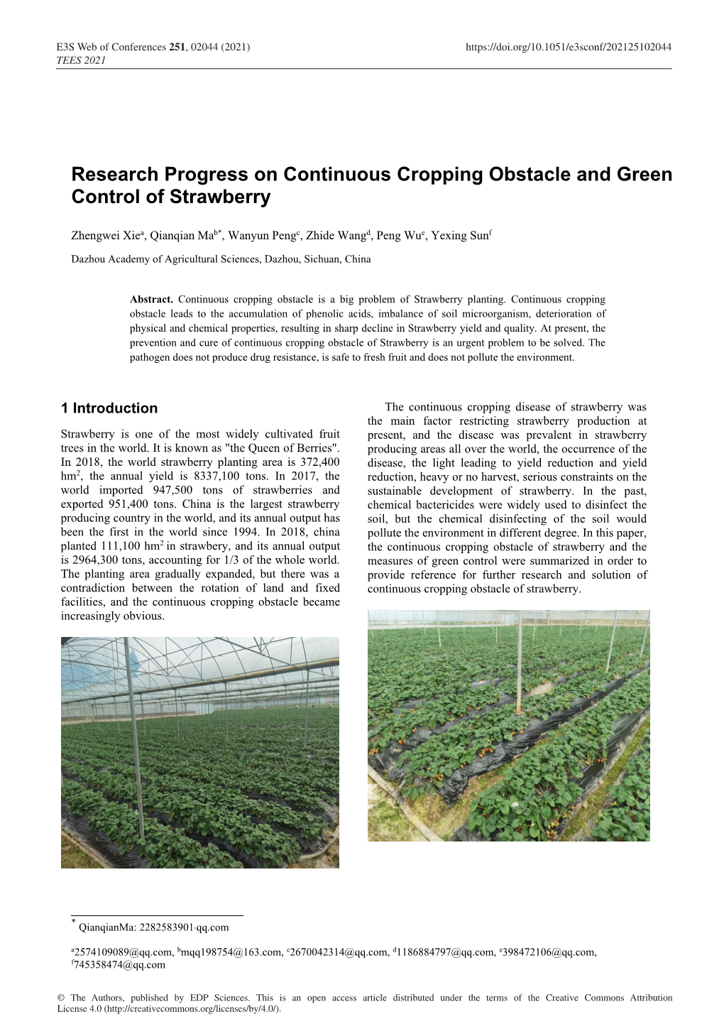 Research Progress on Continuous Cropping Obstacle and Green Control of Strawberry