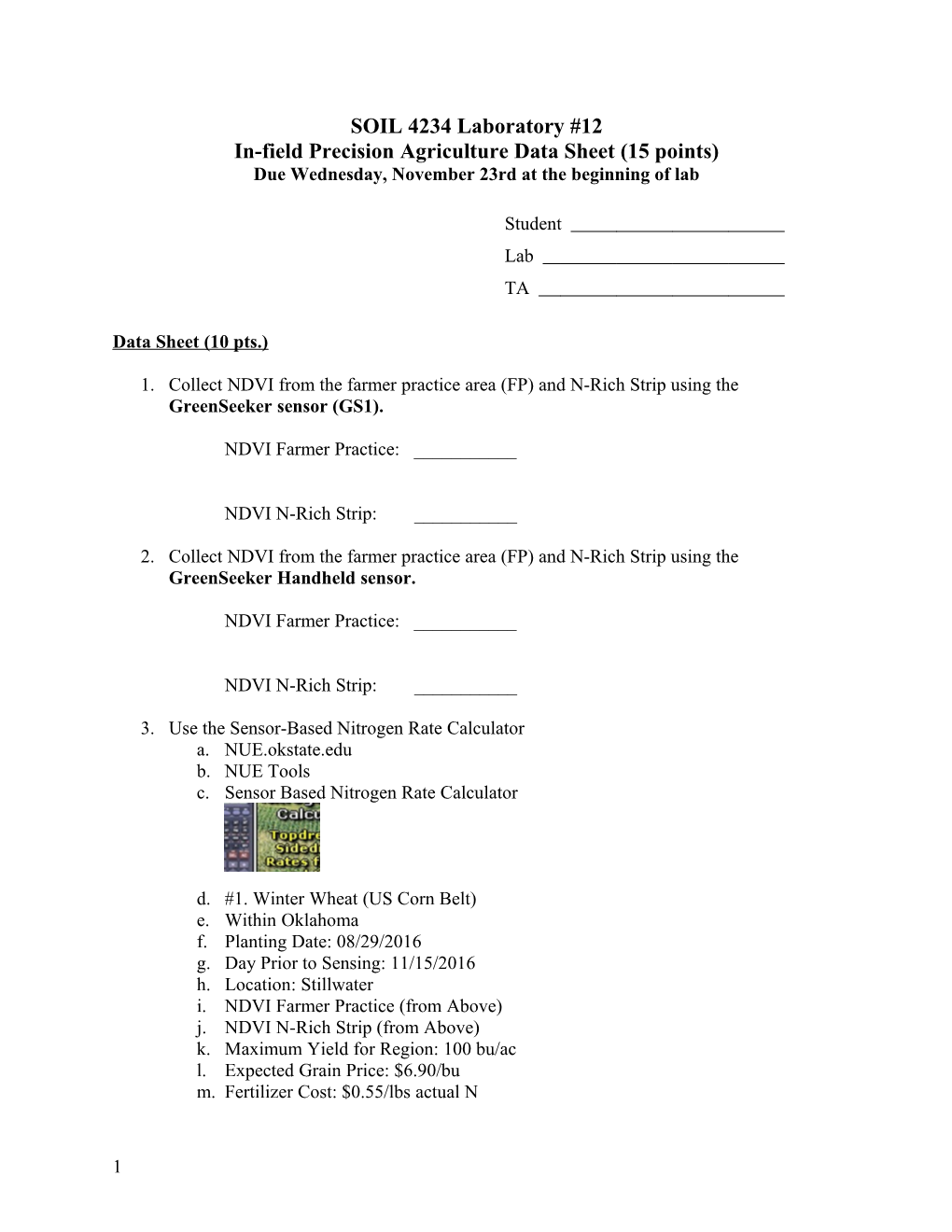 In-Field Precision Agriculture Data Sheet (15 Points)