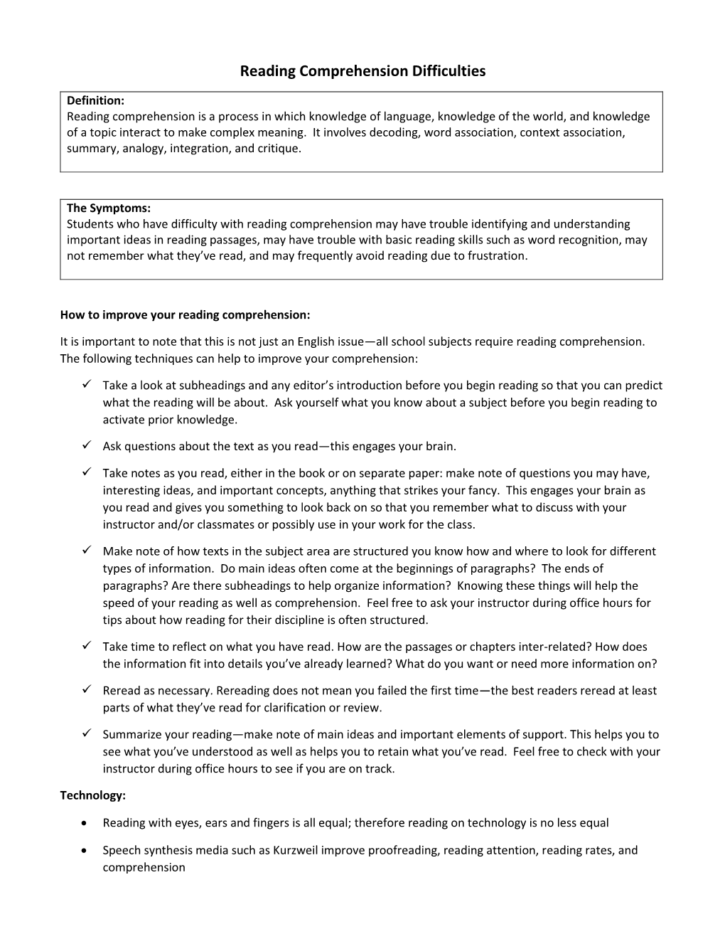 Reading Comprehension Difficulties Handout for Students