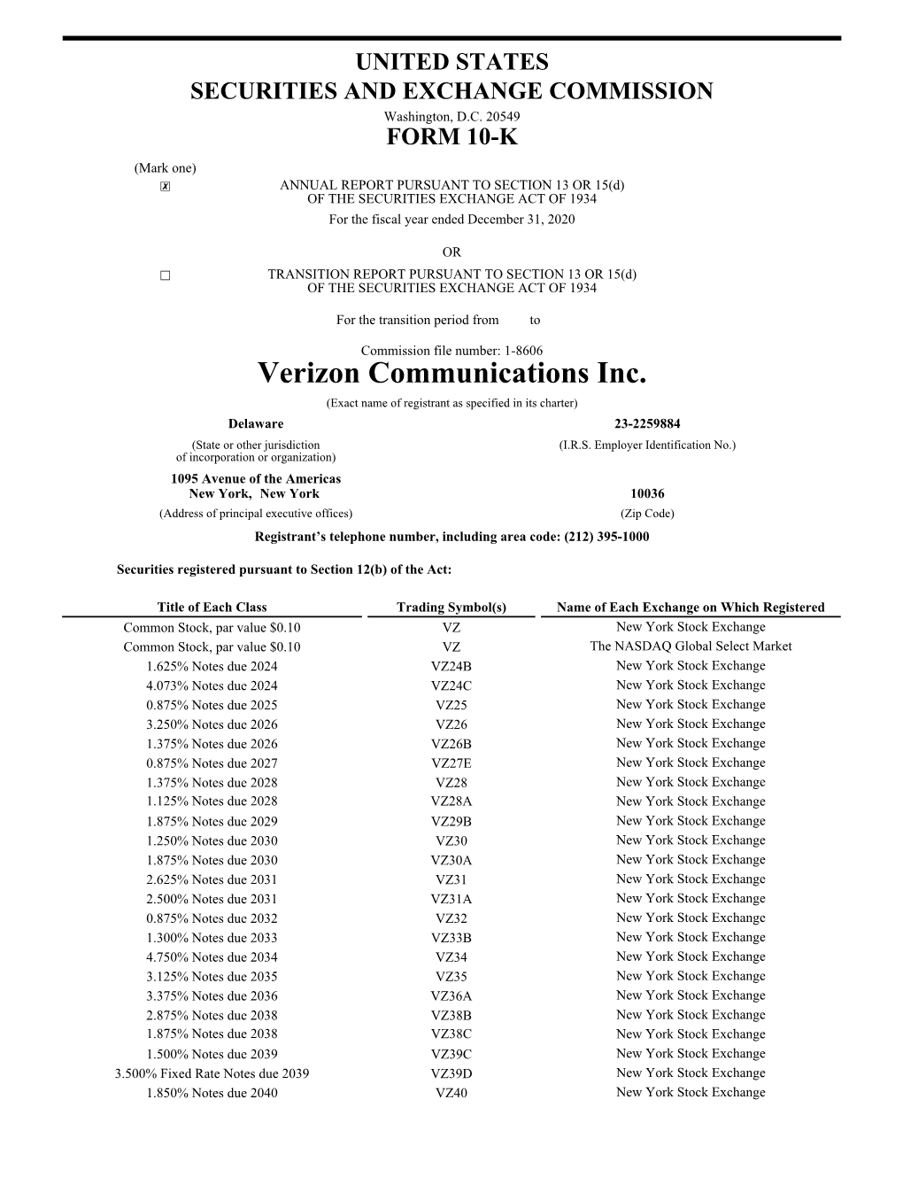 Verizon Communications Inc. 2020 Form 10-K