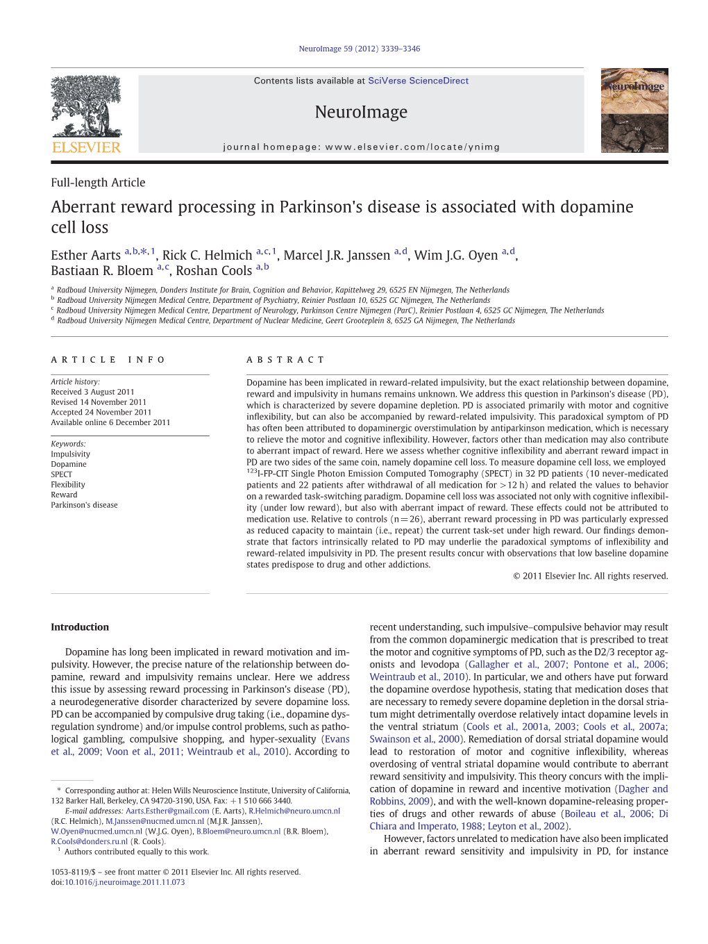 Aberrant Reward Processing in Parkinson's Disease Is Associated with Dopamine Cell Loss