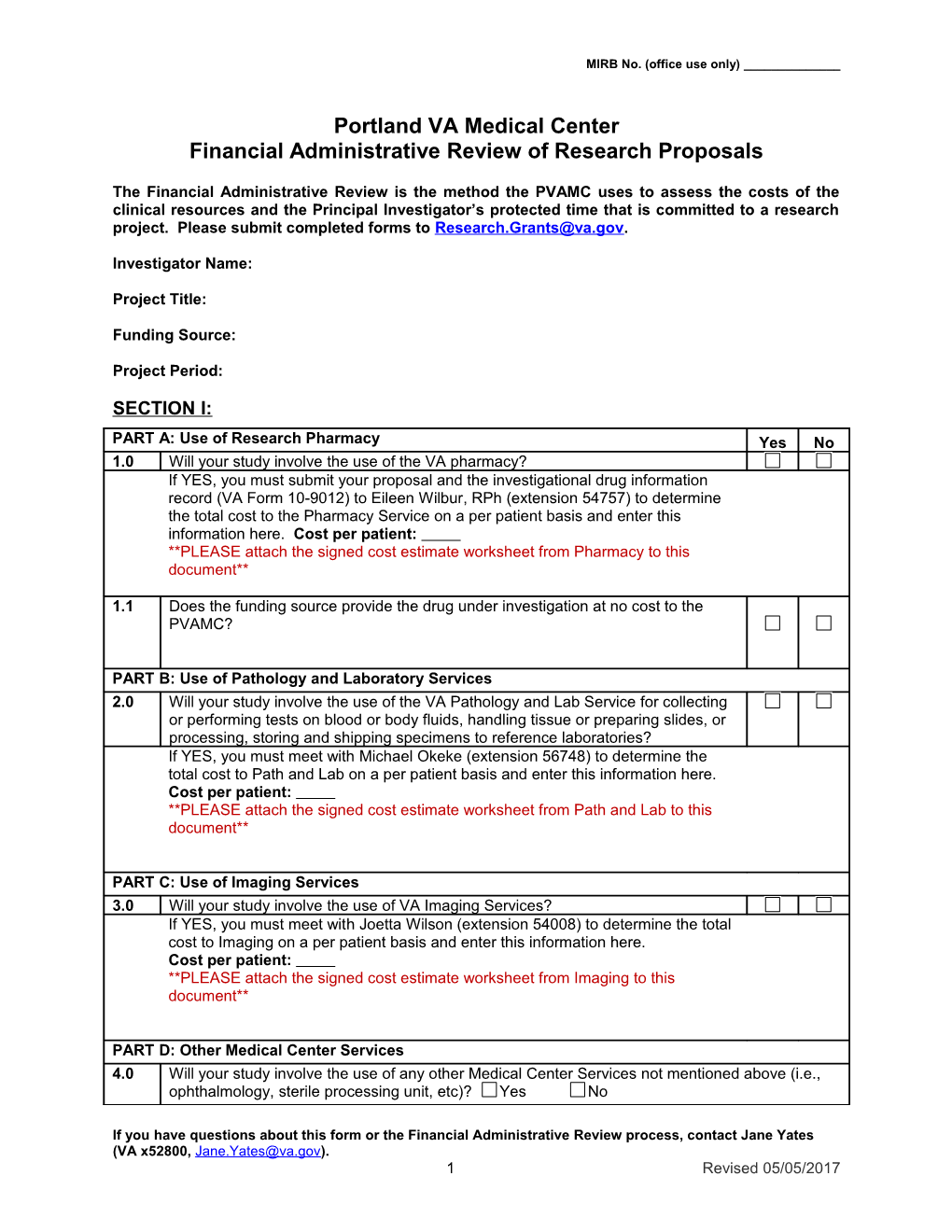 Administrative Review Form (Portland VA Medical Center Research Service)