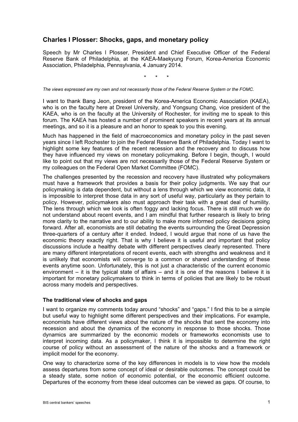 Charles I Plosser: Shocks, Gaps, and Monetary Policy