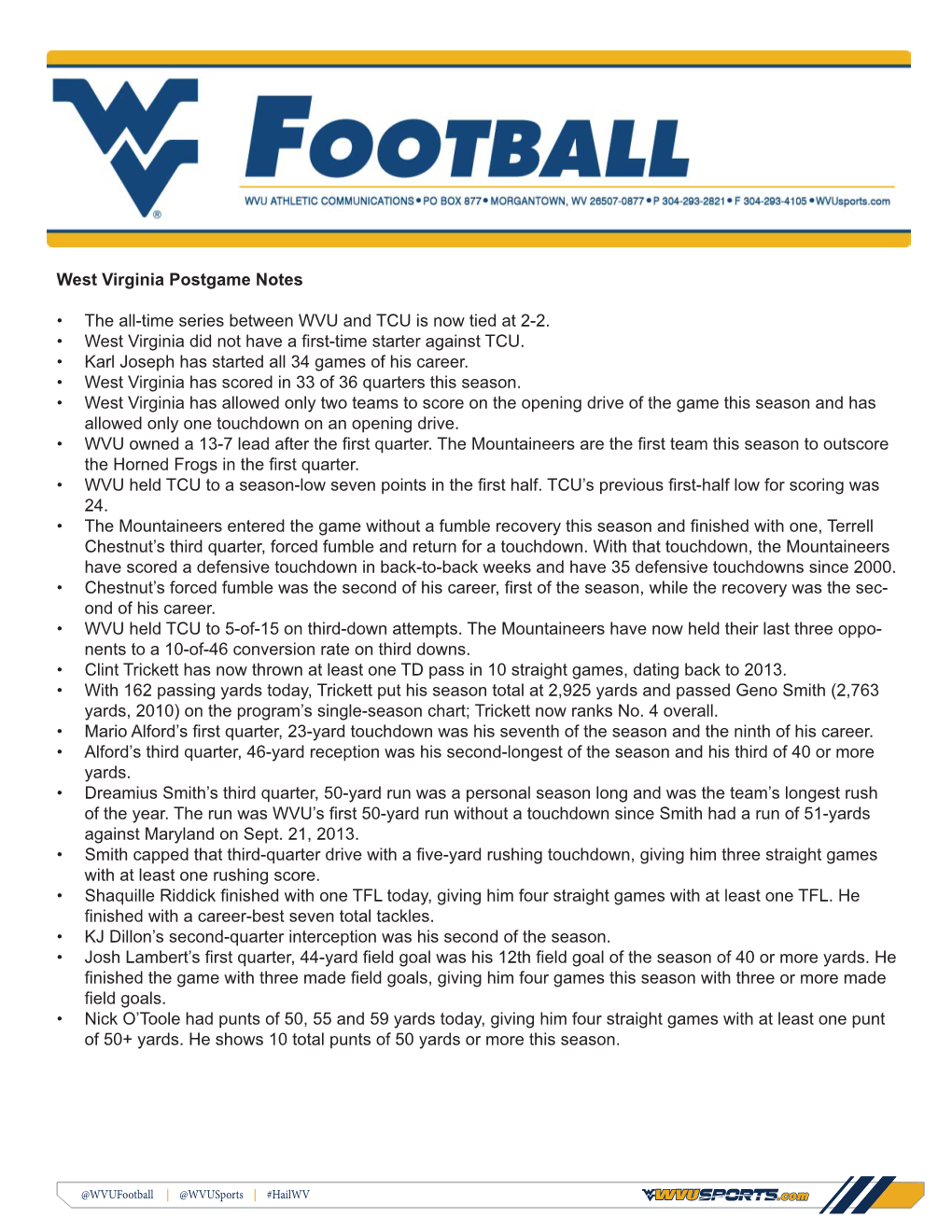 West Virginia Postgame Notes • the All-Time Series Between WVU
