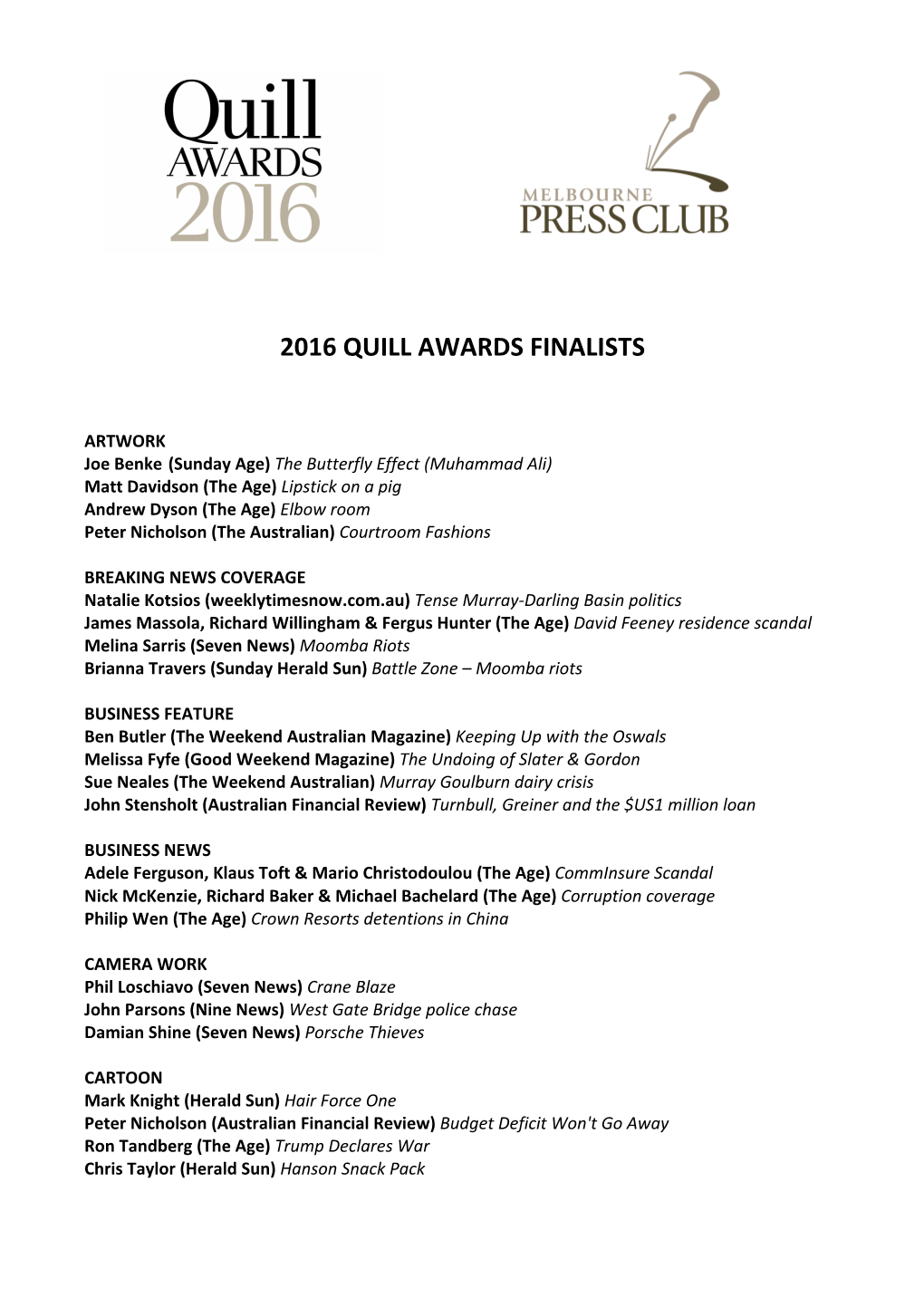 2016 Quill Awards Finalists