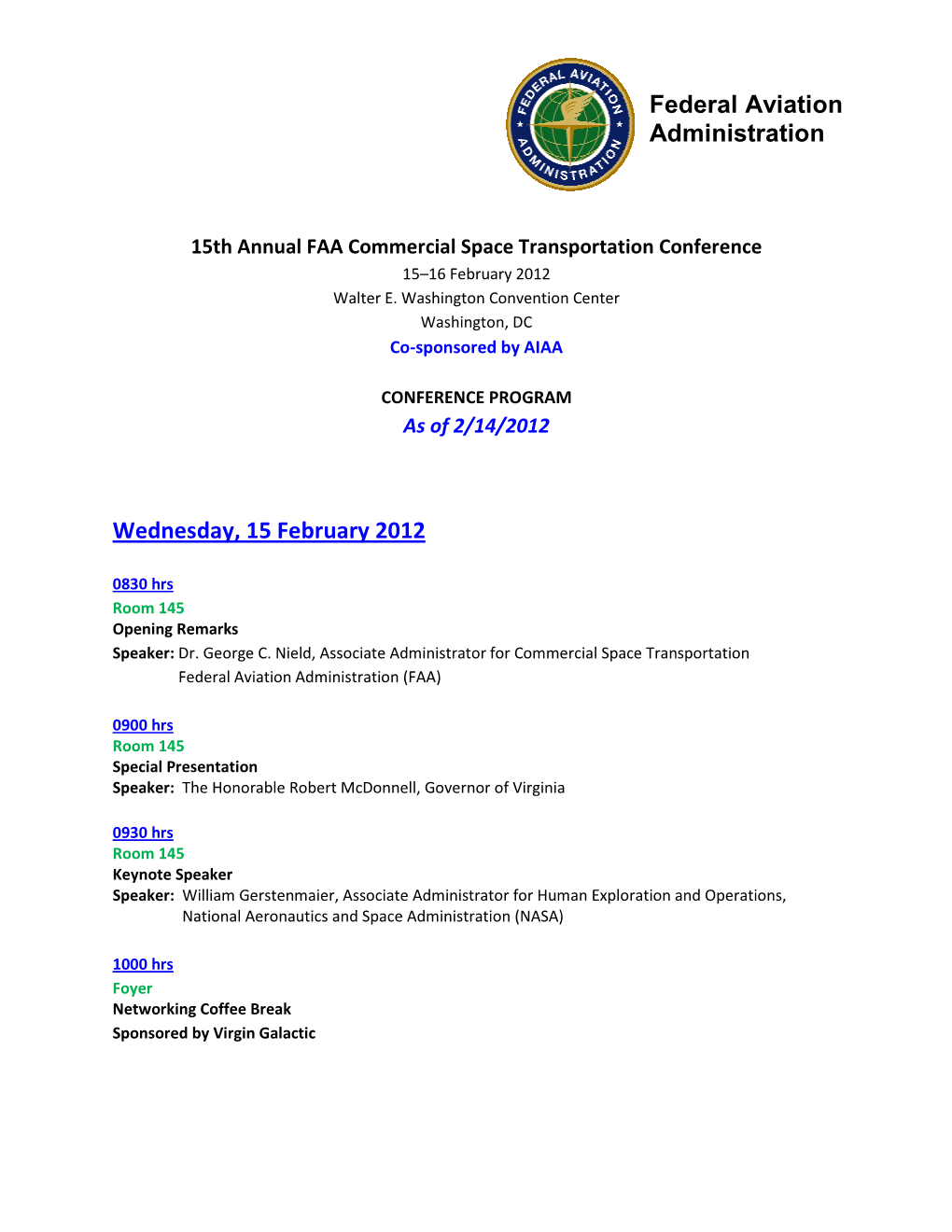 Wednesday, 15 February 2012 Federal Aviation Administration