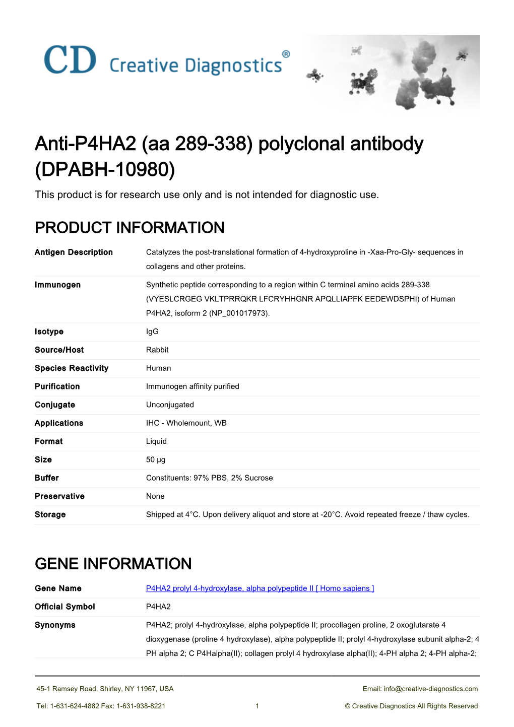 Anti-P4HA2 (Aa 289-338) Polyclonal Antibody (DPABH-10980) This Product Is for Research Use Only and Is Not Intended for Diagnostic Use