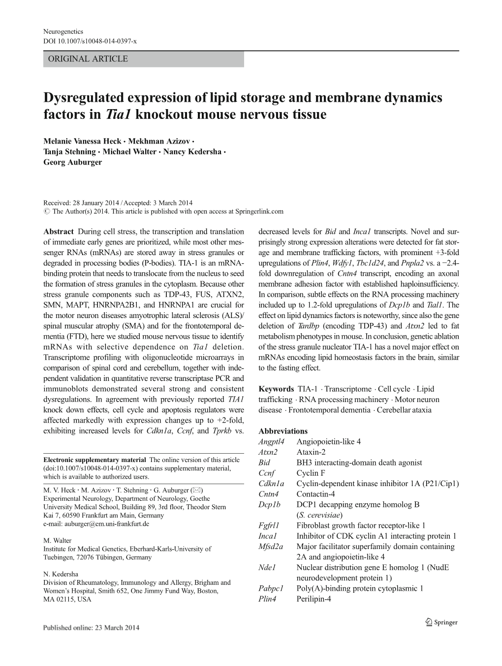 Dysregulated Expression of Lipid Storage and Membrane Dynamics Factors in Tia1 Knockout Mouse Nervous Tissue