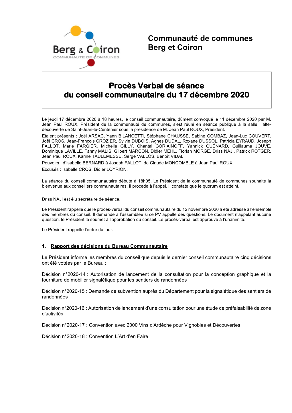 PV Du Conseil Communautaire Du 17 Décembre 2020