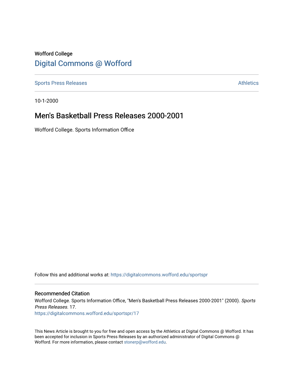 Men's Basketball Press Releases 2000-2001